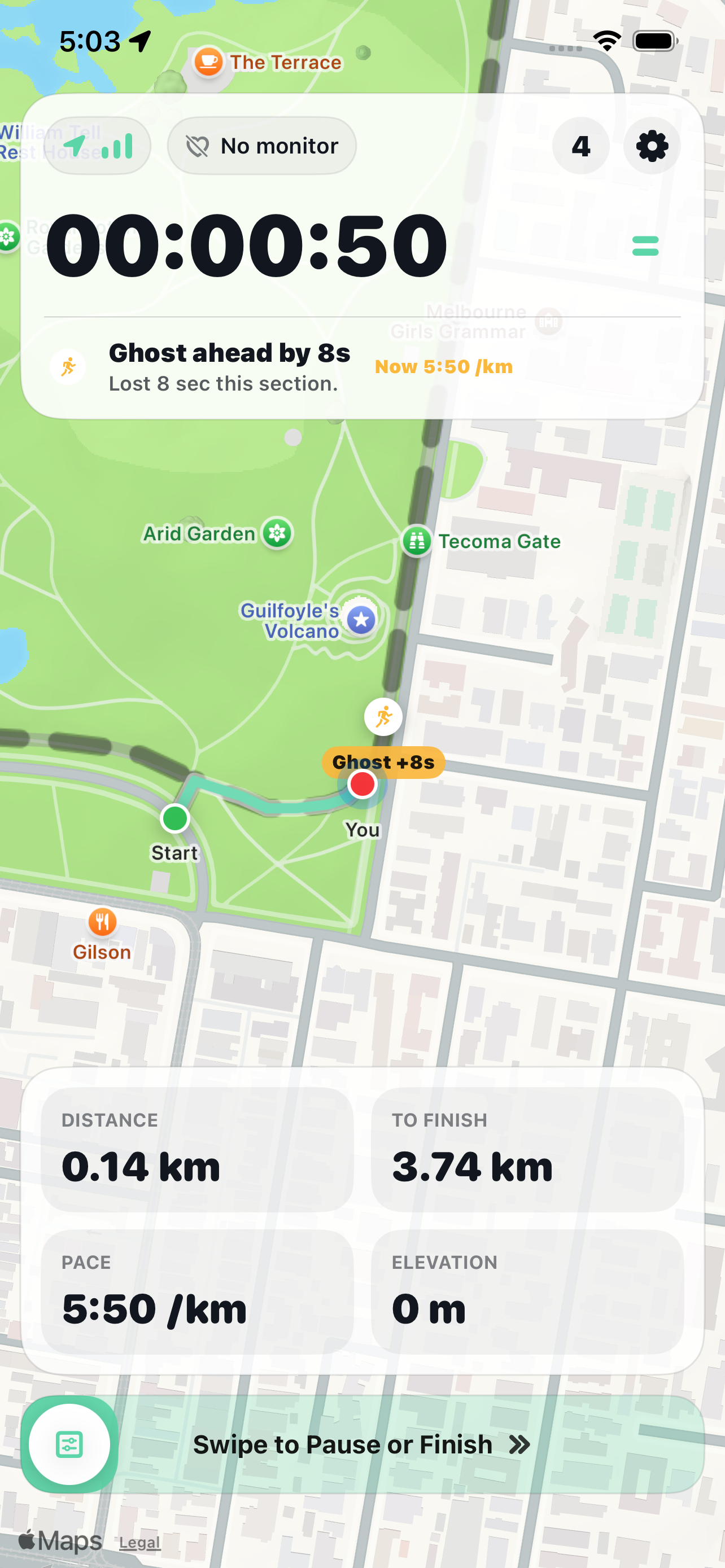 A live Trail IQ workout comparing the user with a previous effort on the same route.