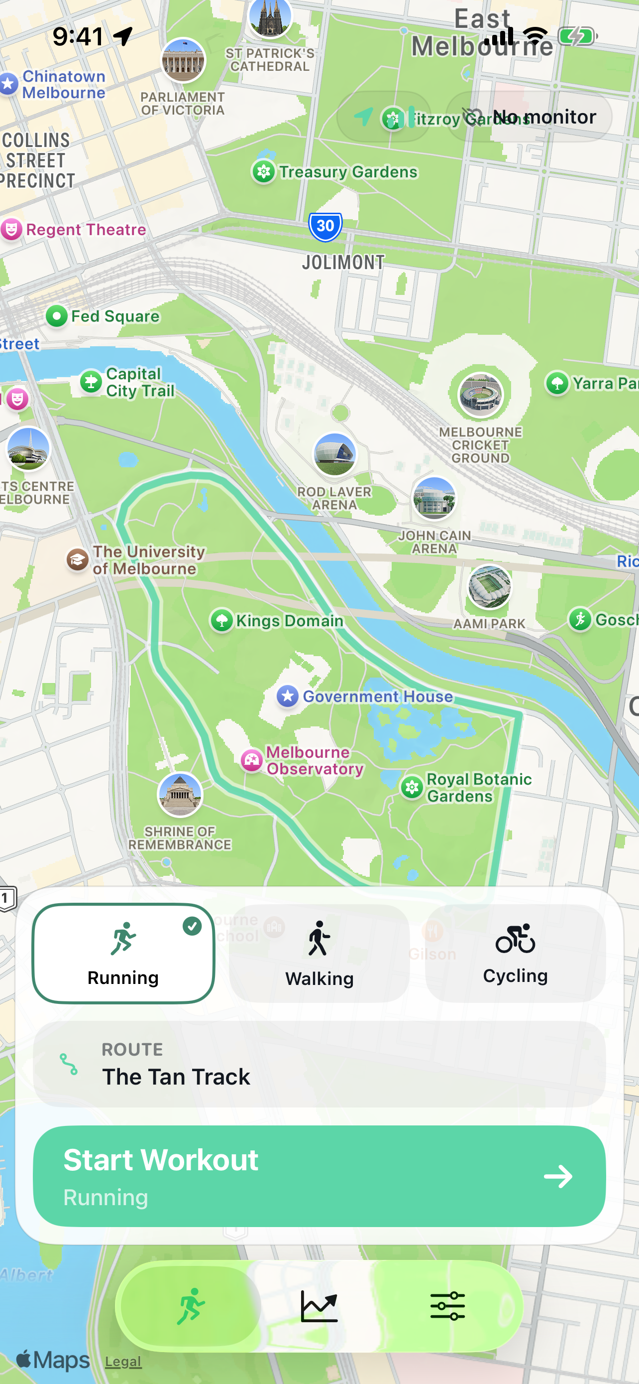 Trail IQ start workout screen with activity, route and workout controls.