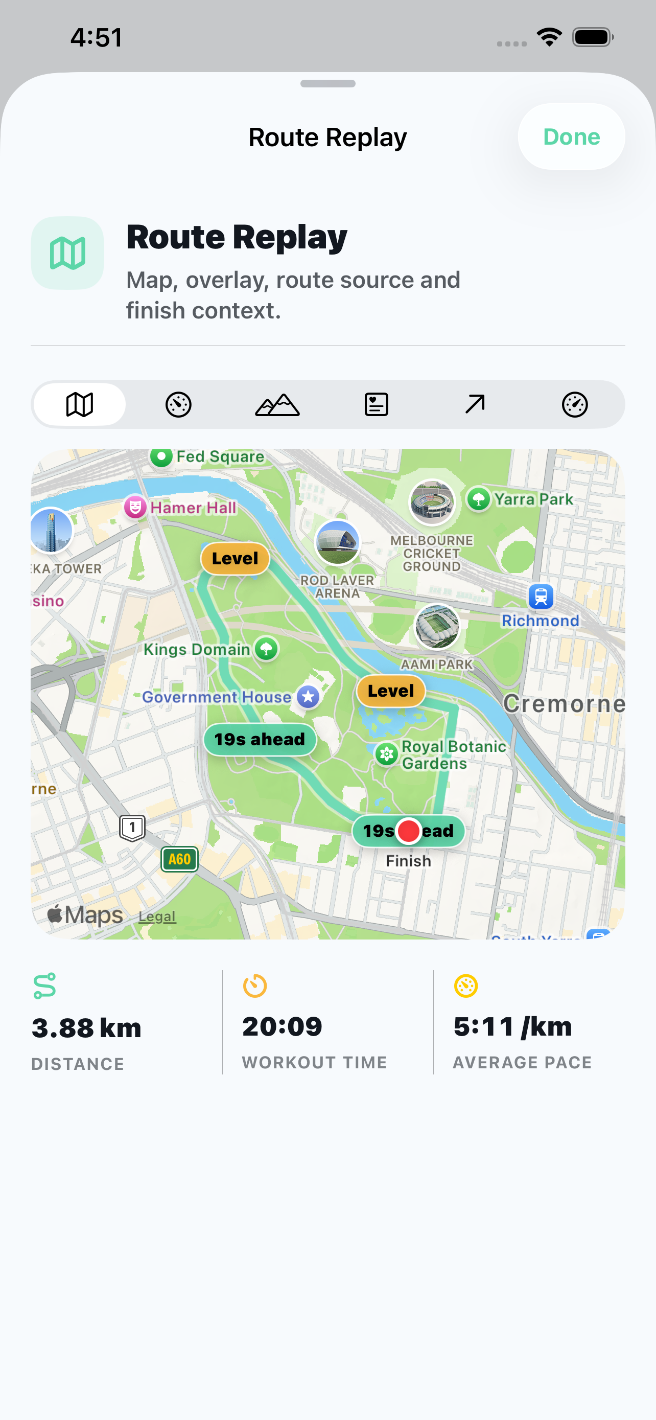 Trail IQ Route Replay showing a real route and comparison points.